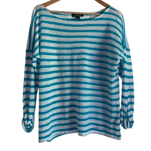 Lauren Ralph Lauren Tops - Lauren Ralph Lauren Top Linen Large White Blue Striped Dolman Sleeve Euro Summer